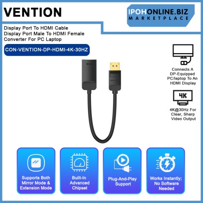 Vention Display Port To HDMI Cable 4K 30HZ Display Port Male To HDMI Female Converter For PC Laptop (HBUBB) Vention Display Port To HDMI Cable 4K 30HZ Display Port Male To HDMI Female Converter For PC Laptop (HBUBB)